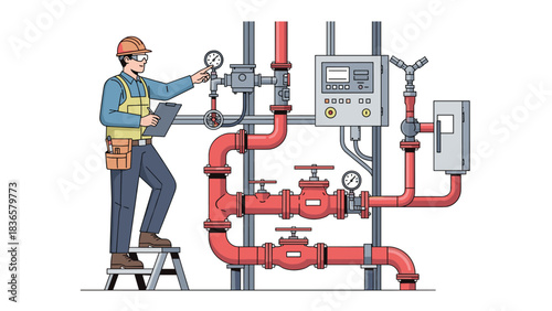 Professional technician meticulously inspecting pressure gauges on complex industrial fire sprinkler system infrastructure