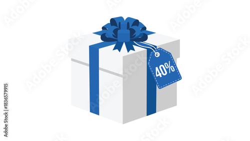 Stunning white gift box with elegant blue ribbon and forty percent discount tag for holiday sales