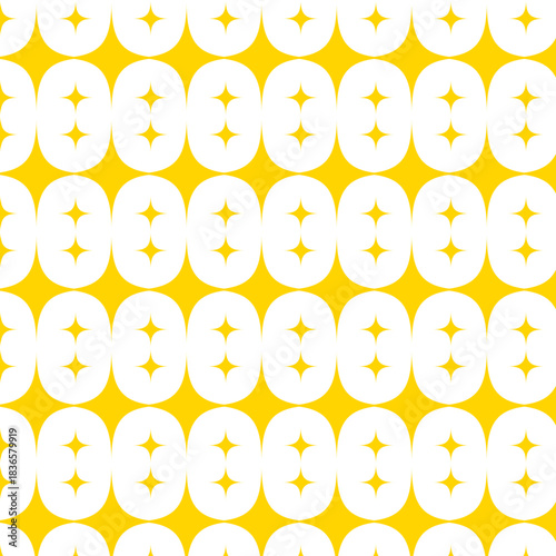Seamless retro yellow pattern with white ovals and geometric stars. 