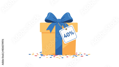 Stunning golden gift box tied with a vibrant blue bow advertises a limited time forty percent discount offer