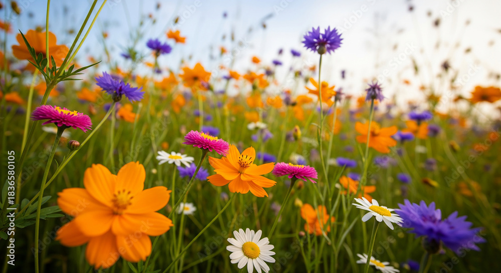 Fototapeta premium Vibrant wildflower meadow under a soft sky