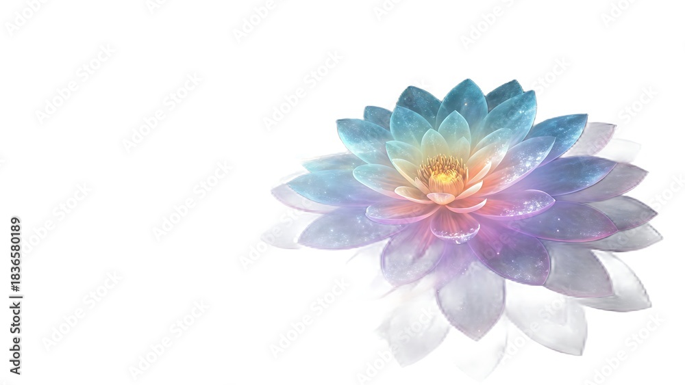 Obraz premium A single lotus flower with rainbow hues on a white background in the upper right corner of the image