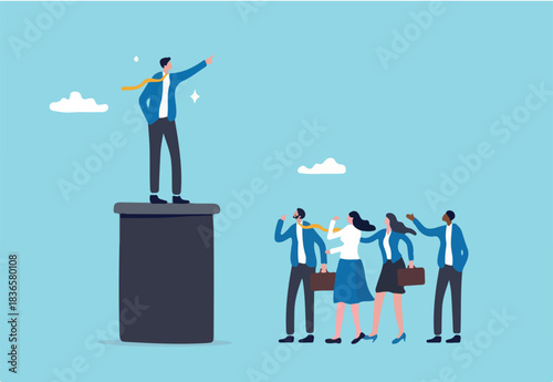 Thought leadership, CEO or executive position who guide company direction, leading business forward or guiding direction concept, confident businessman leader pointing finger for colleagues to follow.
