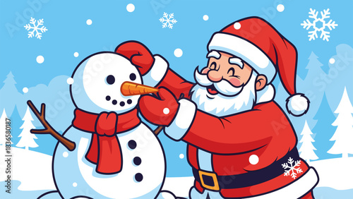 Santa Claus building snowman with carrot nose in winter wonderland. This jolly Santa Claus building snowman is cute, funny, and delightful, illustrating festive joy during holidays.