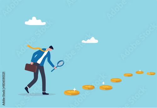 Searching for investment opportunity, financial success or salary raise, inspect way to make profit and earning concept, curios businessman with magnifier inspect and follow money coins trail. 