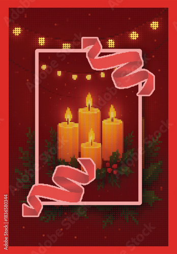 Halftone Christmas Candles Mosaic Poster Template, Festive Dotwork Glowing Candlelight with Ribbon, Holiday Invitation Card Vector Illustration Background Red Design