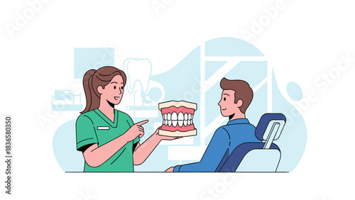 Friendly dentist explaining dental hygiene to patient using teeth model in modern clinic for oral healthcare education