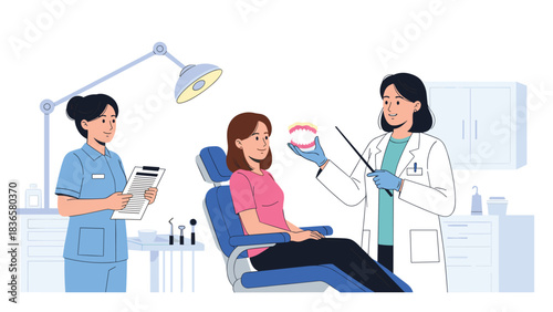 Empathetic dentist explains dental care options to patient for better oral health in a bright, professional setting