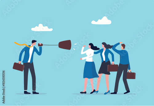 Effective communication, clear and concise message, leadership skill to communicate with team concept, confidence businessman manager talk with team through megaphone in clear discussion meeting