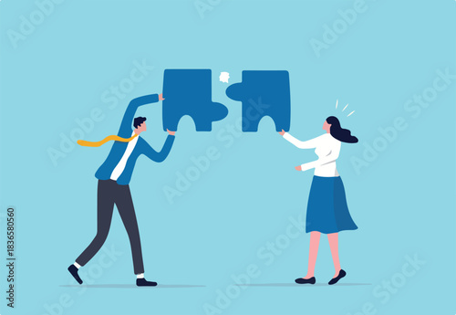Mismatch or mistake, wrong business decision or failure of incorrect solution, mismanagement or invalid choice concept, confused business people putting mismatch or wrong jigsaw puzzle together.