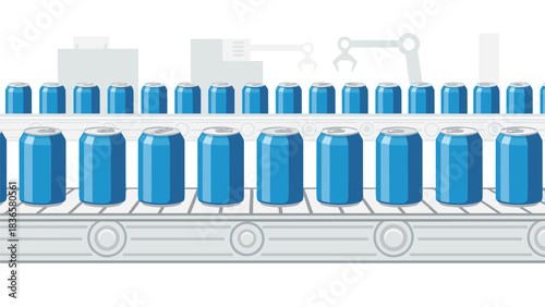 Automated beverage canning line with robotic arms handling blue aluminum cans for efficient production and industrial automation