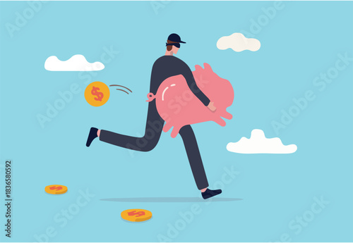Financial crime, stealing money, investment risk or banking security concept, young man with black mask bandit costume or thief stealing or carrying wealthy piggy bank away with dollar coins falling.