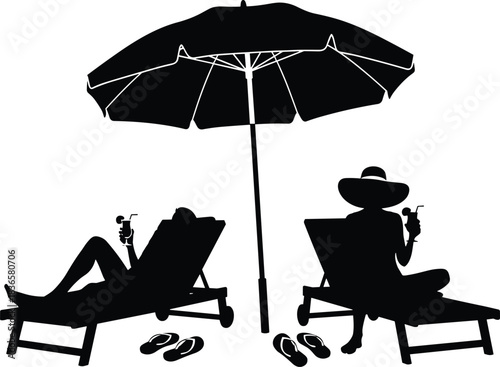 Silhouettes of couple relaxing on beach chairs under umbrella, summer vacation illustration with drinks, leisure holiday concept for travel design and creative projects
