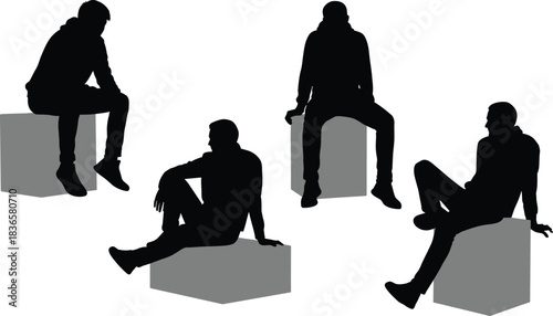 Silhouettes of men sitting on geometric blocks in casual poses, modern illustration set for creative design, posture reference and artistic graphic projects
