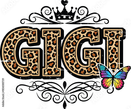 Leopard Print GIGI Graphic Design Vector Wild Animals Illustration Art Deco Pattern Decoration Calligraphy Sign Isolated Girly Illustration