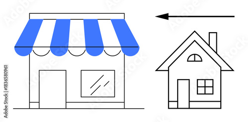 Moving home concept. Minimalist ation of transitioning activities from a physical store to a home. Moving home digital trends and economic shifts. For e-commerce, hybrid work, logistics, small
