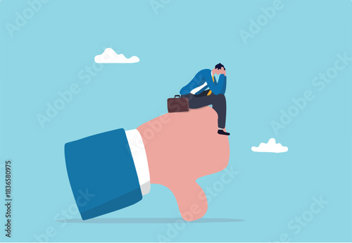 Demotivation from failure, mistake or negative feedback, no passion or burnout from exhausted work, mental breakdown or depression concept, sad stressed businessman sit on negative thumb down symbol.