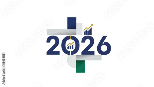 Futuristic 2026 logo with upward trending financial graph symbolizing growth and success
