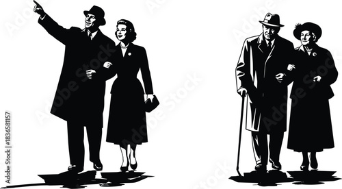 Vintage couples walking together in classic clothing, retro illustration of elegant man and woman, old-fashioned style artwork for nostalgic graphic design projects