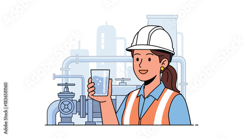 Confident female engineer inspecting clean water quality with industrial pipeline background, promoting sustainable industrial solutions
