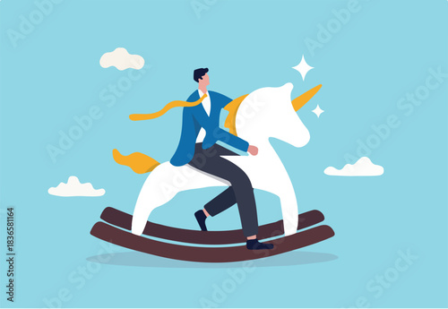 Unicorn start up, winner creative idea to earn money and make profit in real life concept, smart success businessman company founder or billionaire investor riding unicorn rocking horse into the sky. 