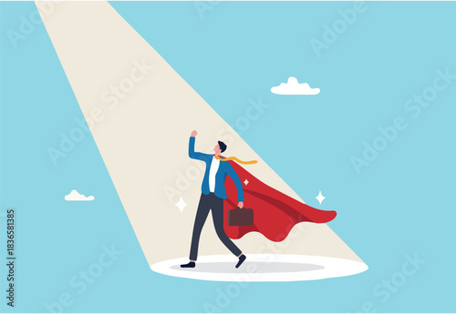 Best success candidate, search for talent, outstanding staff or discover high performance employee, leadership, hiring or recruitment concept, confidence businessman superhero with spotlight shining