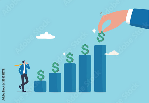 Investment dividends growth, increase profit and earning, passive income from stock market return, saving interest rate, capital gain concept, businessman put dollar sign on financial growth chart. 