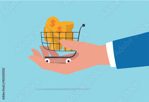 Bargain business deal for buyer and seller, best price shopping, stock for investor or consumer and marketing concept, dollar gold coins in shopping cart or trolley in businessman hand