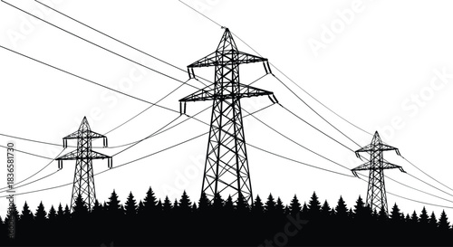 High voltage electricity transmission towers above dense forest landscape, detailed cad drawing flat vector illustration showing power grid infrastructure silhouette design
