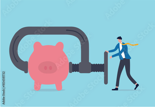 Business or company cut budget or squeeze and reduce spending due to business or economic crisis in COVID-19 Coronavirus recession concept, businessman using clamp to squeeze saving pink piggy bank