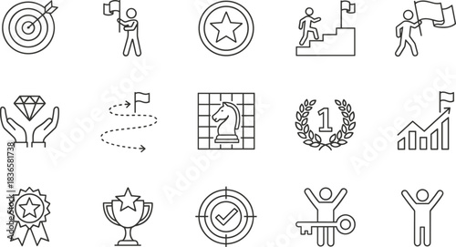 Business success, achievement, growth, and target icons for motivation, planning, leadership, career path, goal setting, and self-improvement concept.