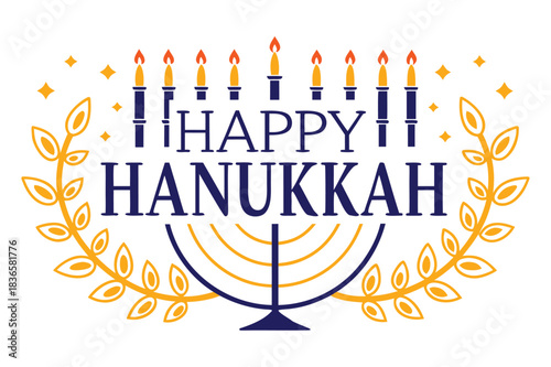 Happy Hanukkah text with menorah candles and olive branches flames