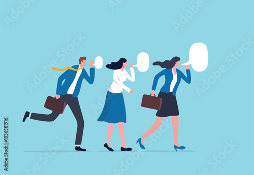 Business secret, corporate communication or viral advertising, rumor spread or colleague gossip confidential information concept, business people coworkers whispering gossip secret to team members.