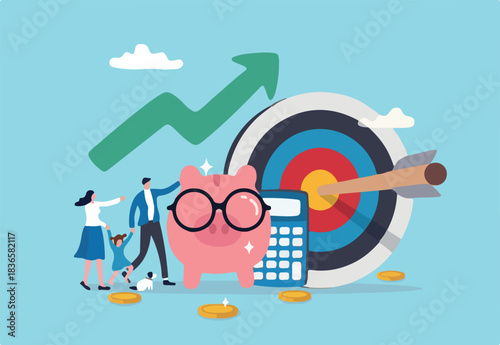 Family financial planning, saving or investment plan, money and wealth management, budget, debt and mortgage, pension fund concept, family people with piggy bank, calculator and financial target