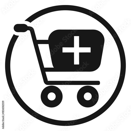 Shopping Cart Black and White Icon with Plus Sign in a Circle. Simple Design
