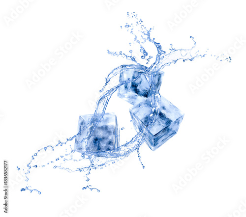 Ice cubes and splash of water in air on white background