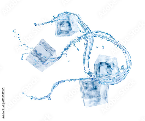 Ice cubes and splash of water in air on white background
