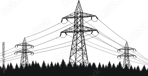 High voltage electricity transmission towers above forest landscape, detailed cad drawing flat vector illustration showing power grid infrastructure silhouette design