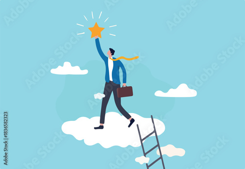 Business champion succeed to get reward, winning star employee, career path or dream job concept, success businessman climb up ladder up into the cloud to reaching and grab precious star. 