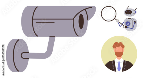 Surveillance camera monitoring surroundings, robot with magnifying glass representing AI analysis, and man in suit linked to privacy, data analysis, and identity protection. Ideal for security, AI
