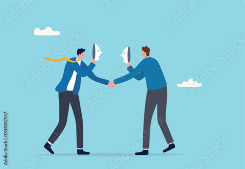 Office politics, jealousy colleagues compete to get promoted, rivalry coworker argument, dishonesty stab in the back concept, businessmen colleagues putting fake smile mask hiding the knife behind.