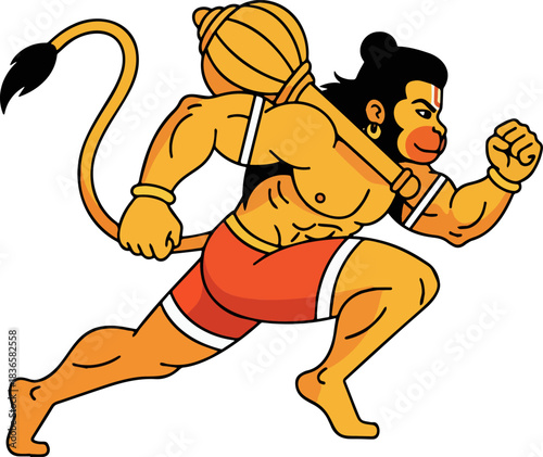 Hanuman Flying Pose PNG. Heroic Transparent Vector Illustration.