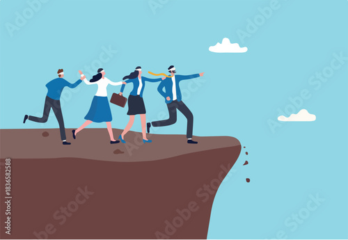 Mistake or wrong decision with blind decision, business problem with blindfold leadership, trouble, failure or trap for bad decision concept, blindfold business people walk to unknown falling cliff.
