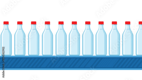 Refreshing water bottles on a vibrant blue conveyor belt ready for bottling and distribution to stores worldwide
