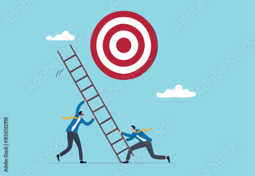 Develop ladder to success, set business goal, target, purpose and objective, partnership and teamwork to opportunity concept, business people team help set up ladder of success to reach target