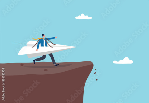 Try new idea start new business, startup risk, entrepreneur or creativity, failure, innovation and courage to win business concept, businessman running with paper origami airplane for first launch