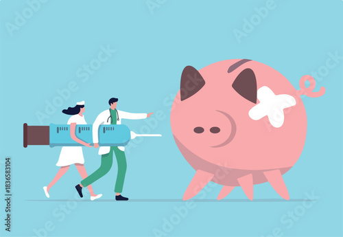 Economic stimulus, QE Quantitative Easing, monetary policy in economic in financial crisis or economic recession, doctor carrying syringe of medicine or vaccine to inject broken illness piggy bank