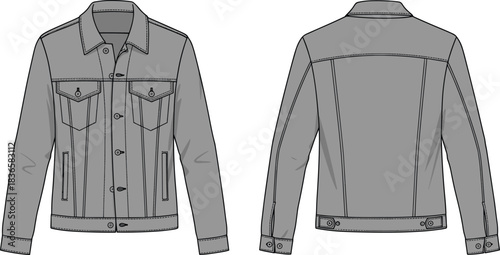 Cad drawing flat vector illustration of detailed denim jacket technical fashion sketch showing front and back views for apparel design template