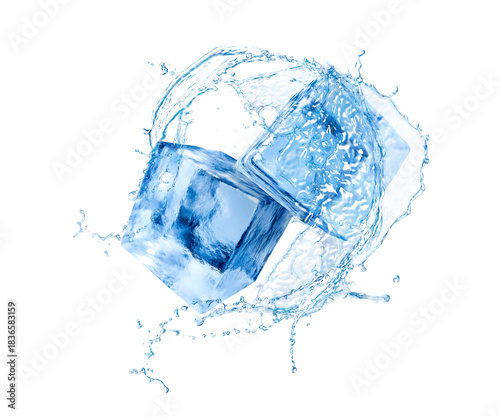 Ice cubes and splash of water in air on white background