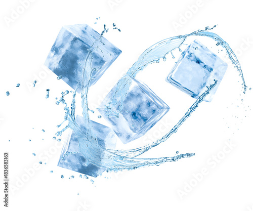 Ice cubes and splash of water in air on white background